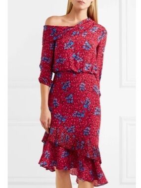 SALONI Lexie Red One-Shoulder Maxi Dress with Blue Floral Print
